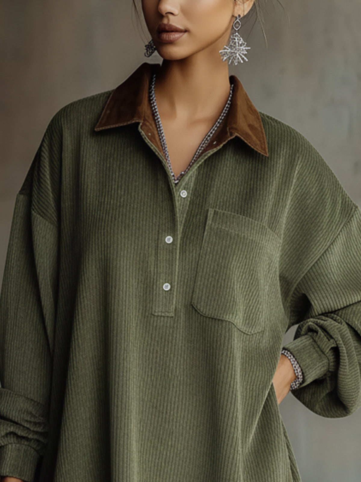 Green Corduroy Mini Dress With Brown Collar Detail