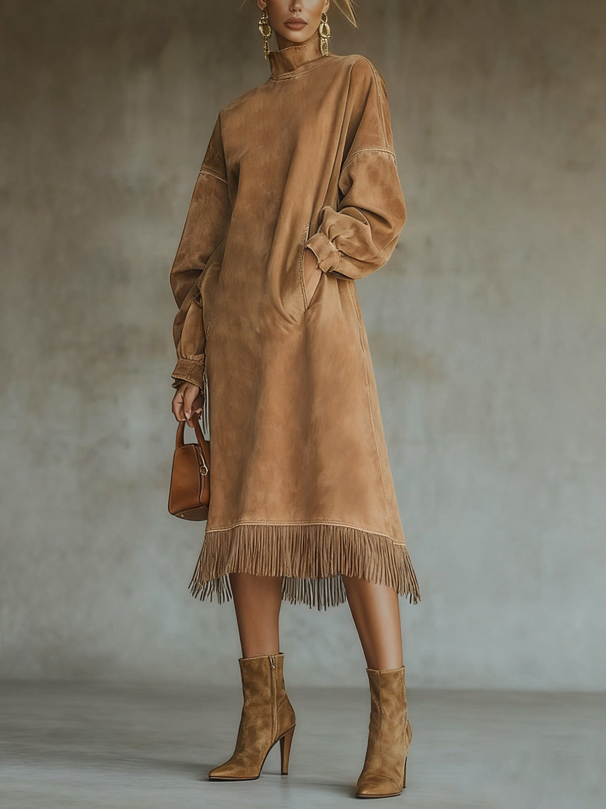 Khaki Square Suede Turtleneck Long Dress With Fringed Hem