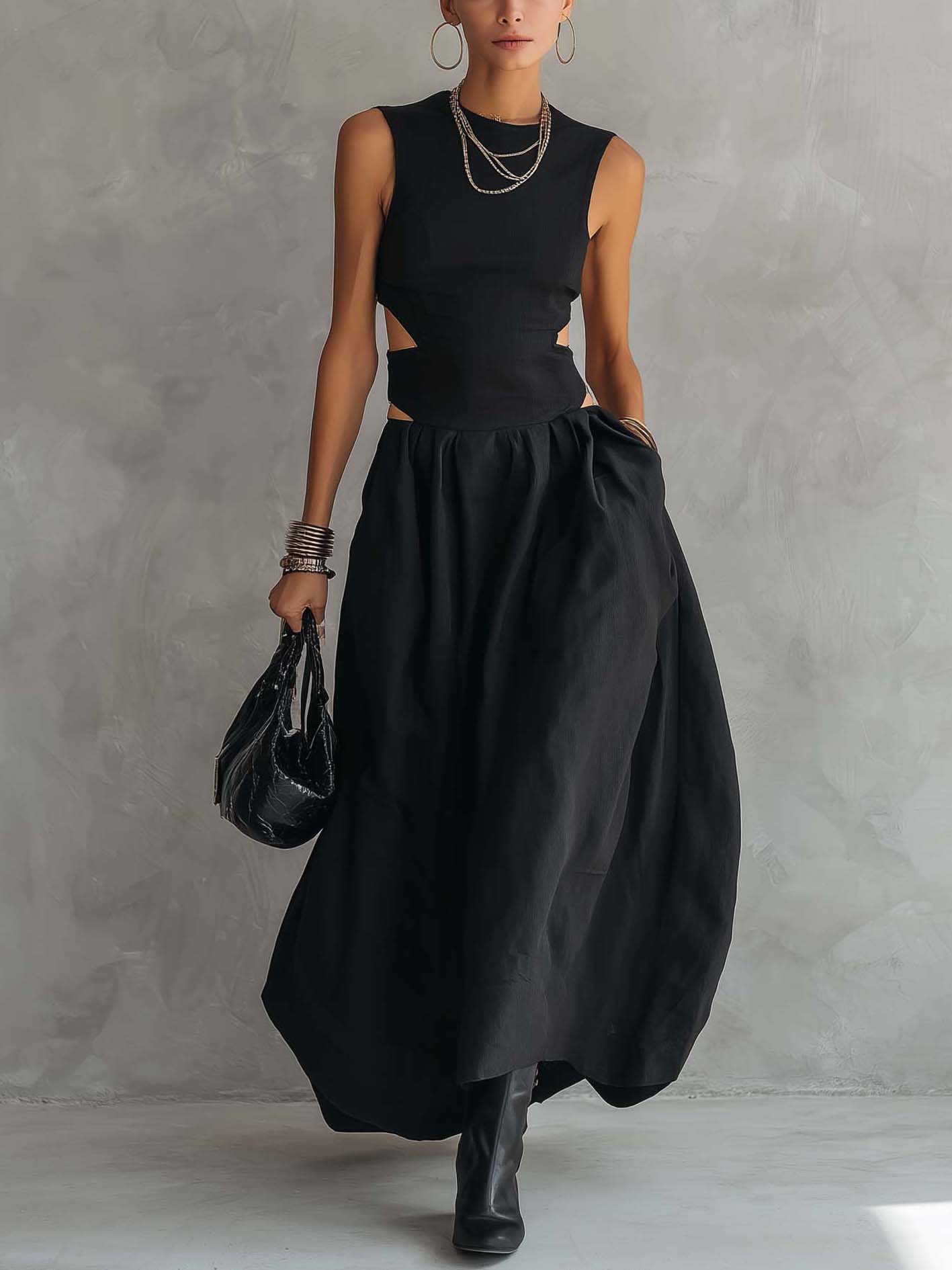 Black Cotton Linen Sleeveless Cutout Waist Maxi Dress