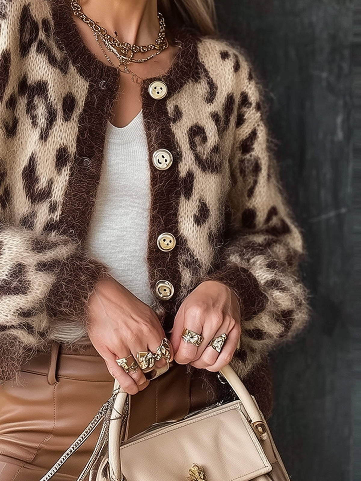 Brown Leopard Print Mohair Button Down Cardigan