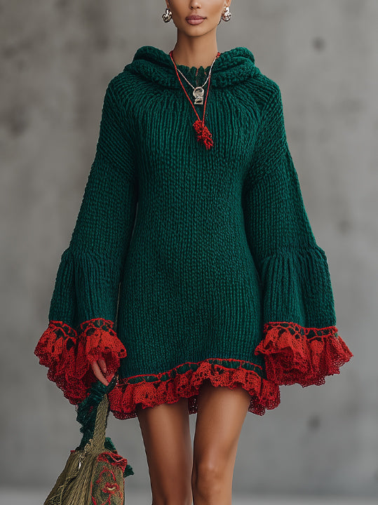 Green Knit Hoodie Mini Dress With Red Lace Bell Sleeves
