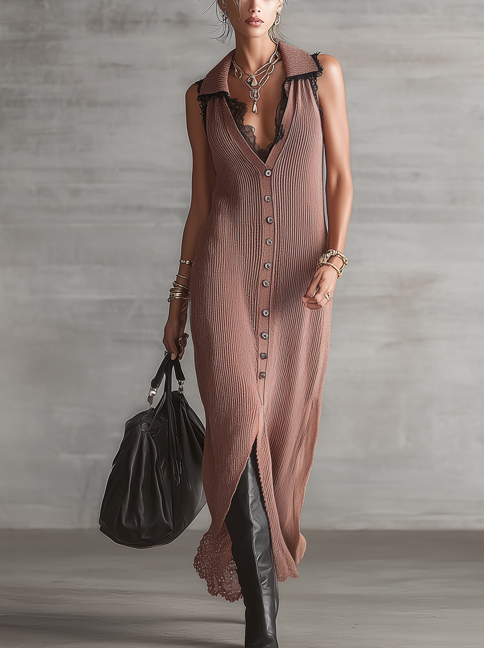 Pink Ribbed Knit Button-Front Maxi Dress With Lace Collar Trim