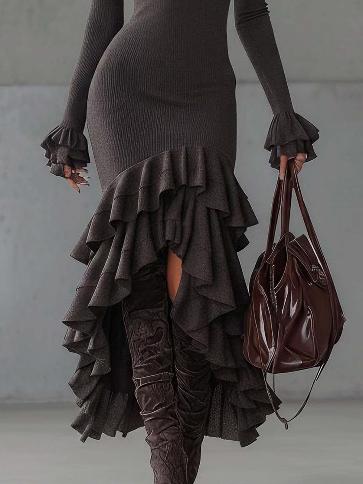 Charcoal Gray Knit Halter Neck Off Shoulder Ruffle Maxi Dress