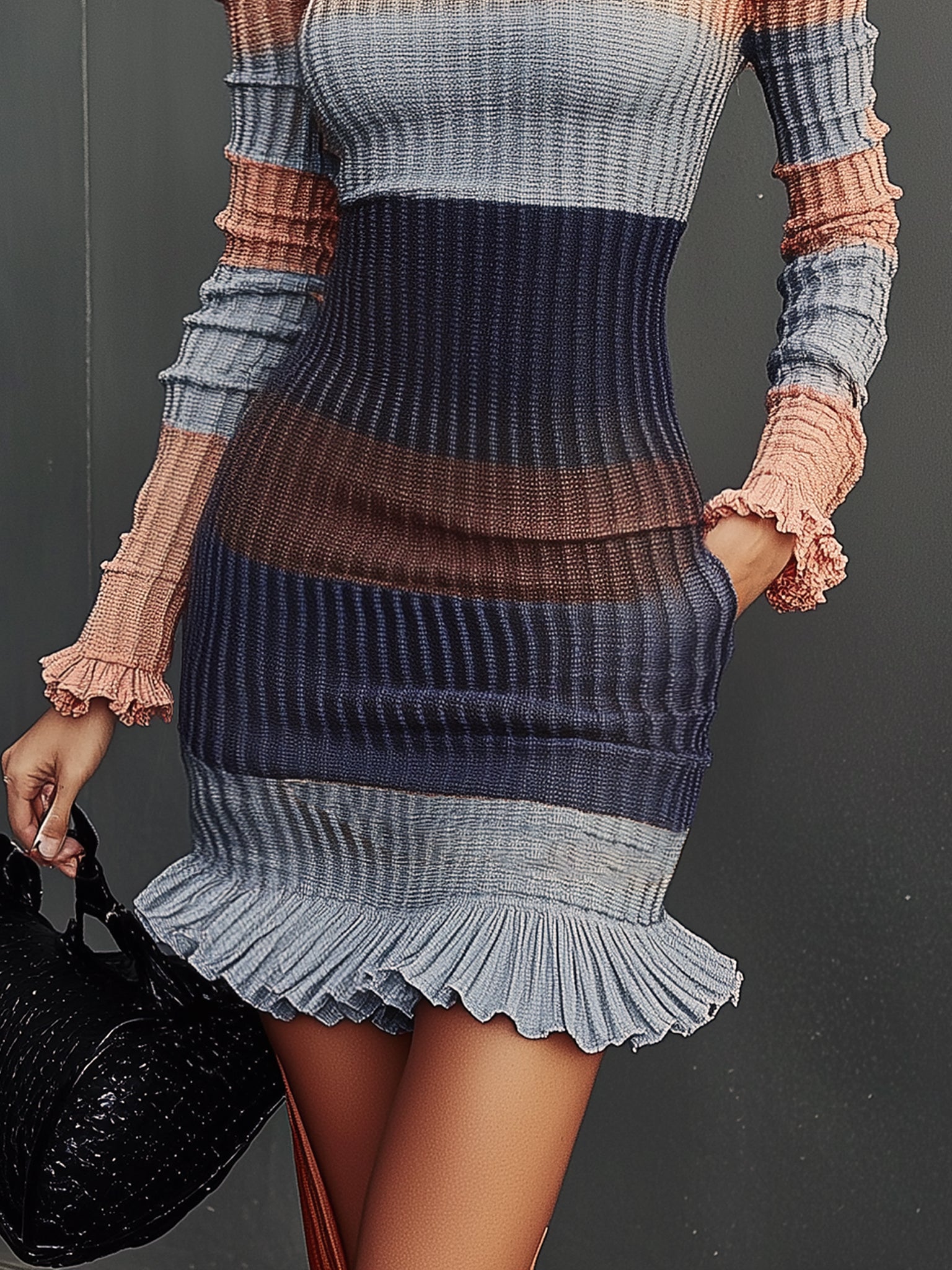 Colorblock Ribbed Turtleneck Knit Mini Dress
