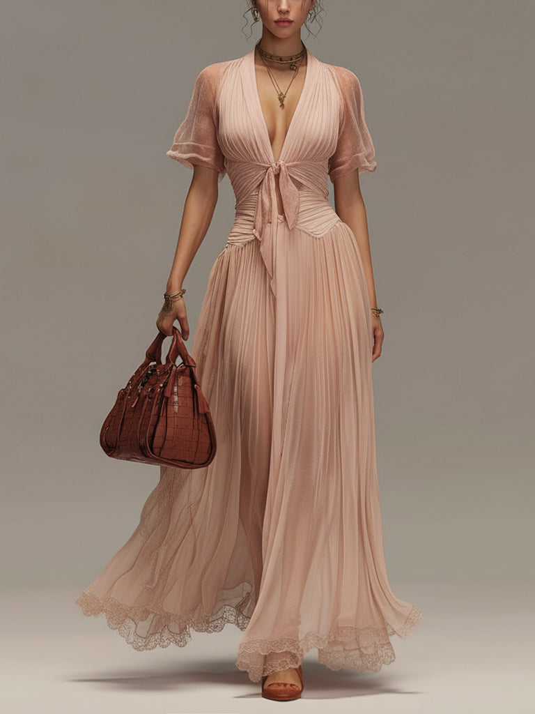 Blush Shimmer Chiffon Tie Front Maxi Dress