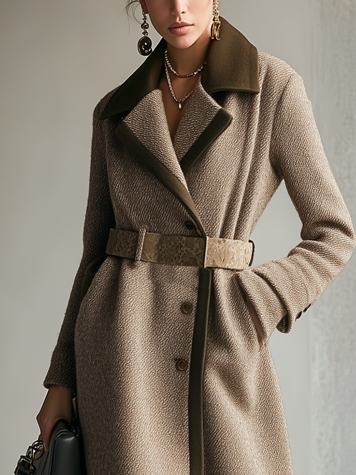 Camel Blend Jacket With Army Green Trim And Belt