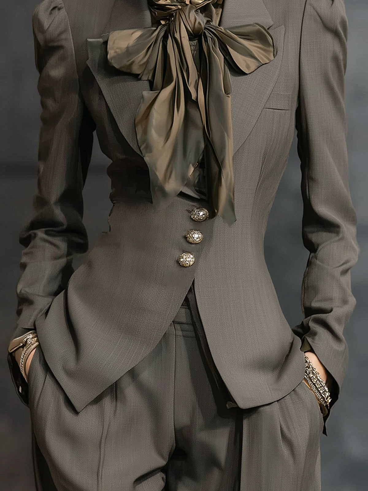 Olive Gray Thin Fit Blazer With Vintage Button Up Design
