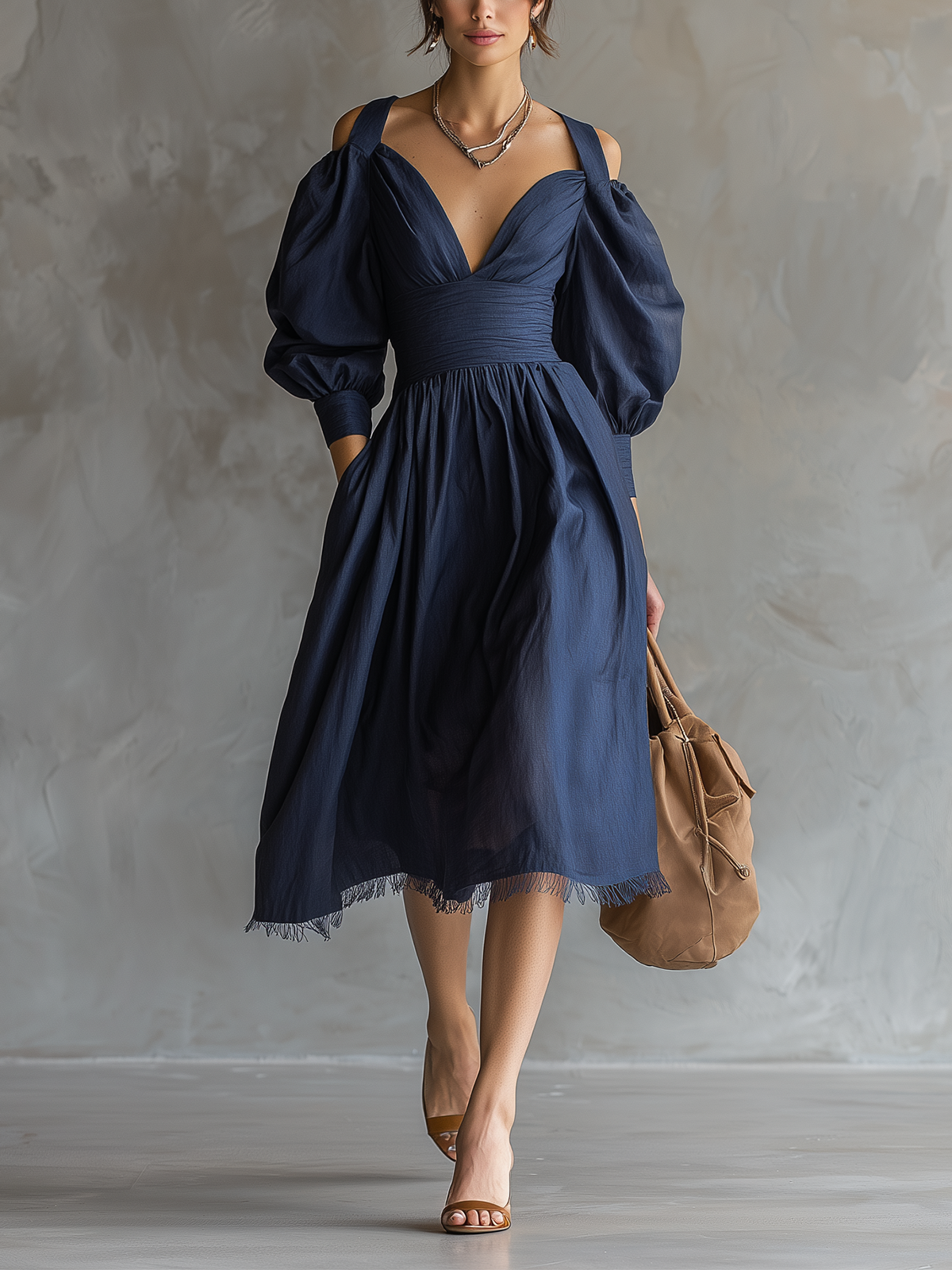 Midnight Navy Puff-Sleeve Cutout Chiffon Midi Dress