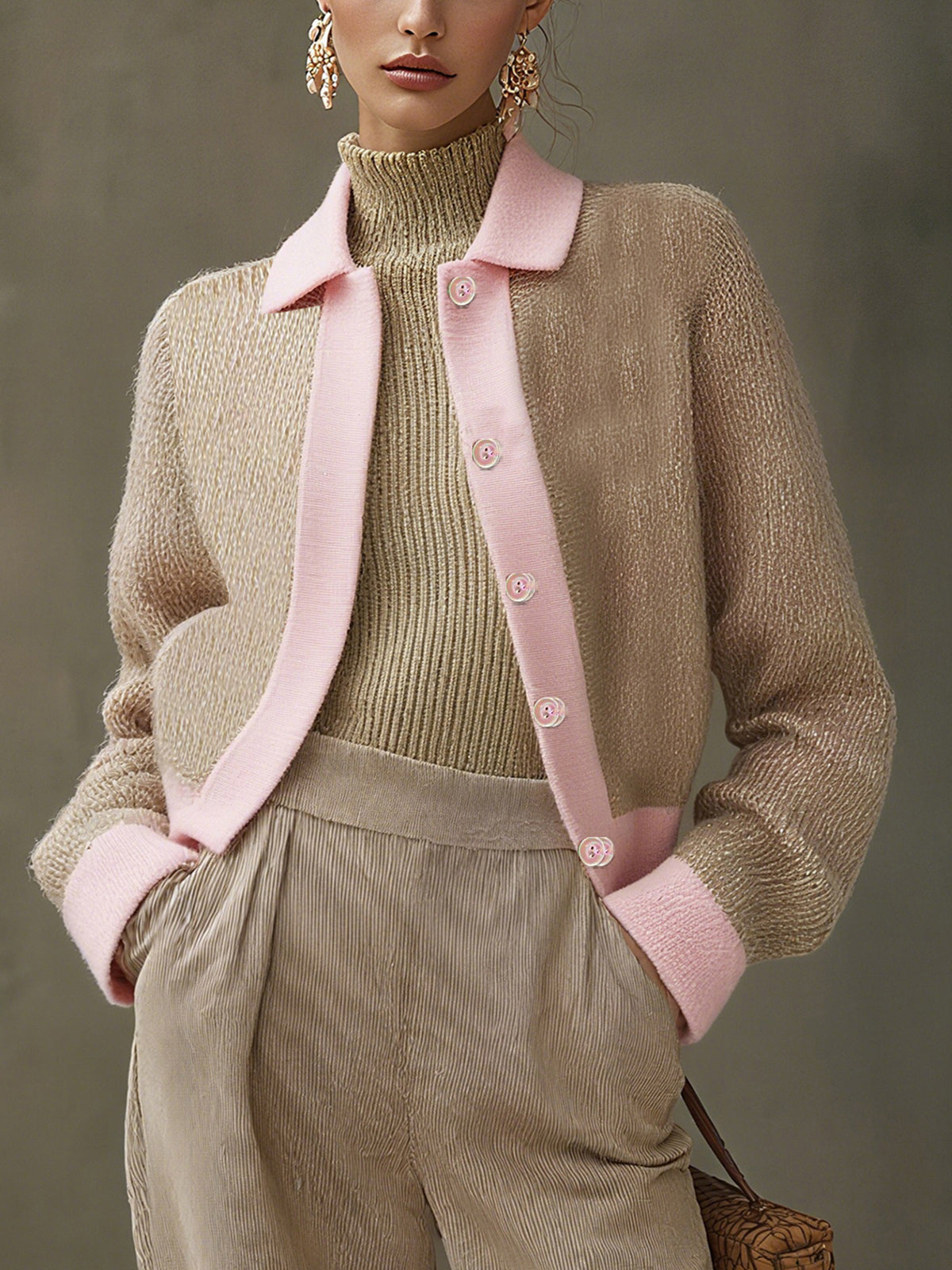 Beige And Pink Contrast Button-Up Knit Cardigan