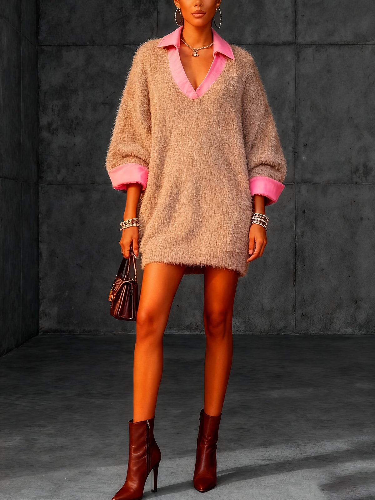 Beige Sweater Dress With Pink Collar