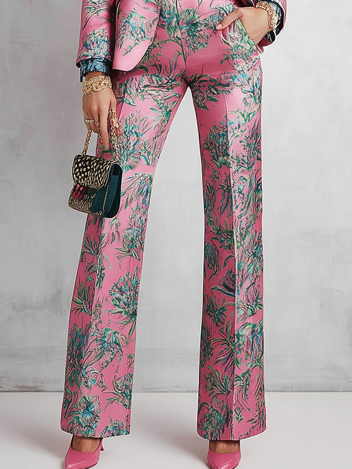 Pink Botanical Print Blazer And Flared Pants Suit