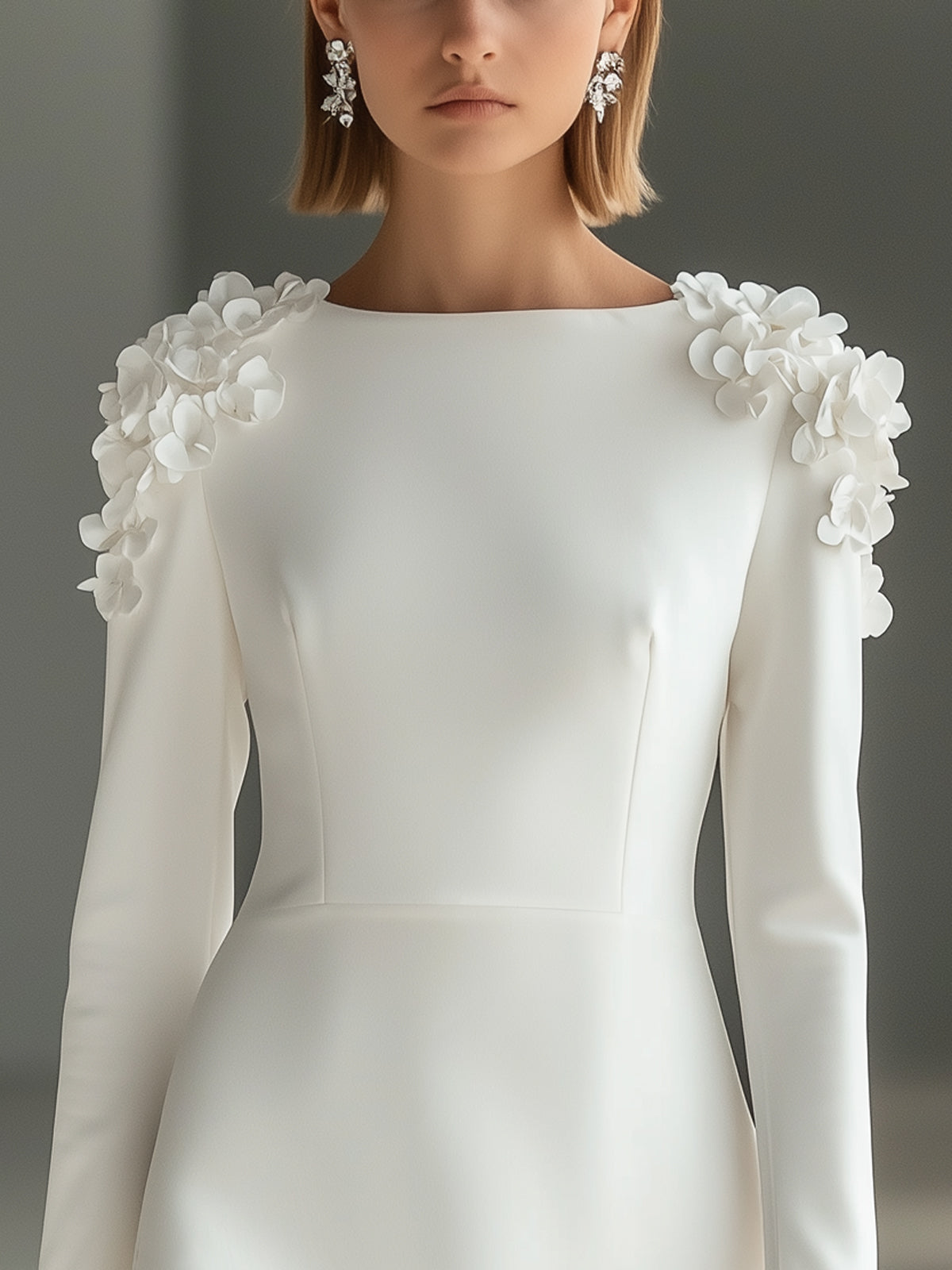 White Crepe 3D Floral Shoulder Boat Neck Long Sleeve Mini Dress