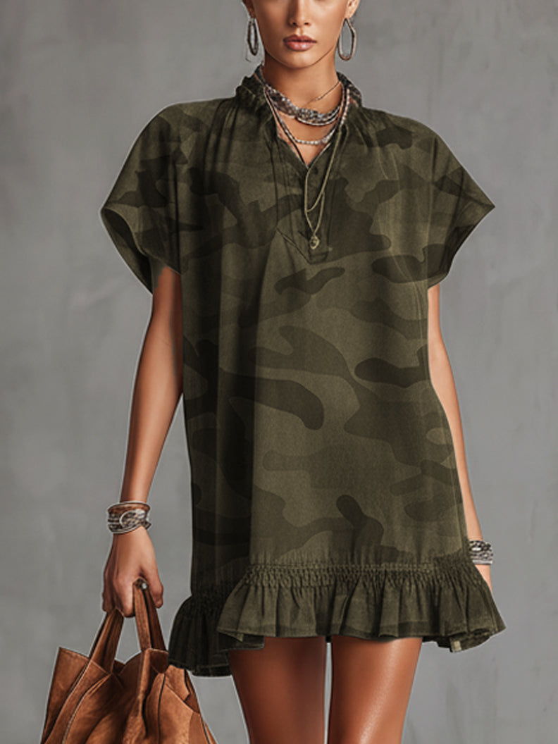 Green Faux Suede Camo Short Sleeve Mini Dress