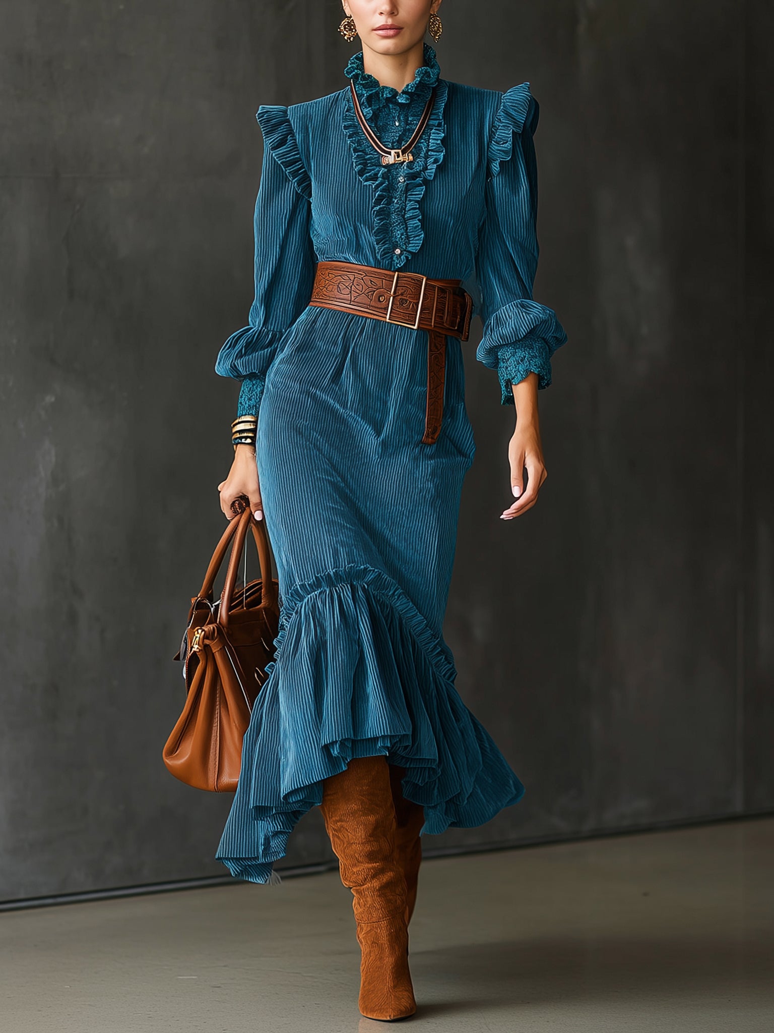 Blue Corduroy Ruffled Lace Tie Midi Dress