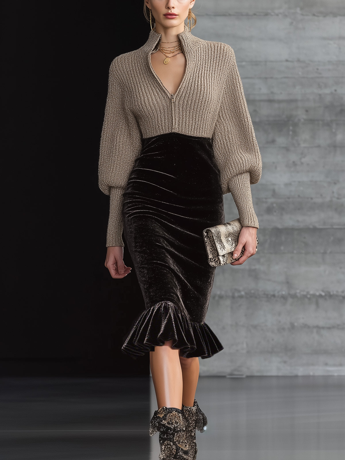 Taupe Knit Velvet Zip Front High Collar Long Sleeve Midi Dress