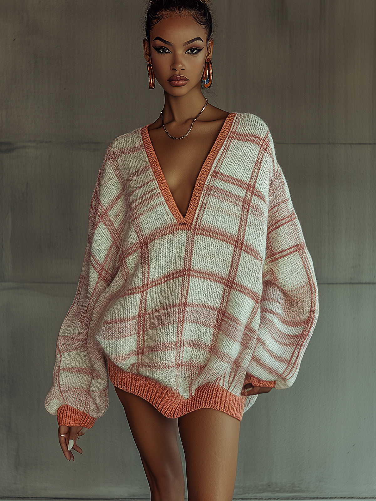 Oversized Plaid Knit Sweater With V-Neckline And Ribbed Trim