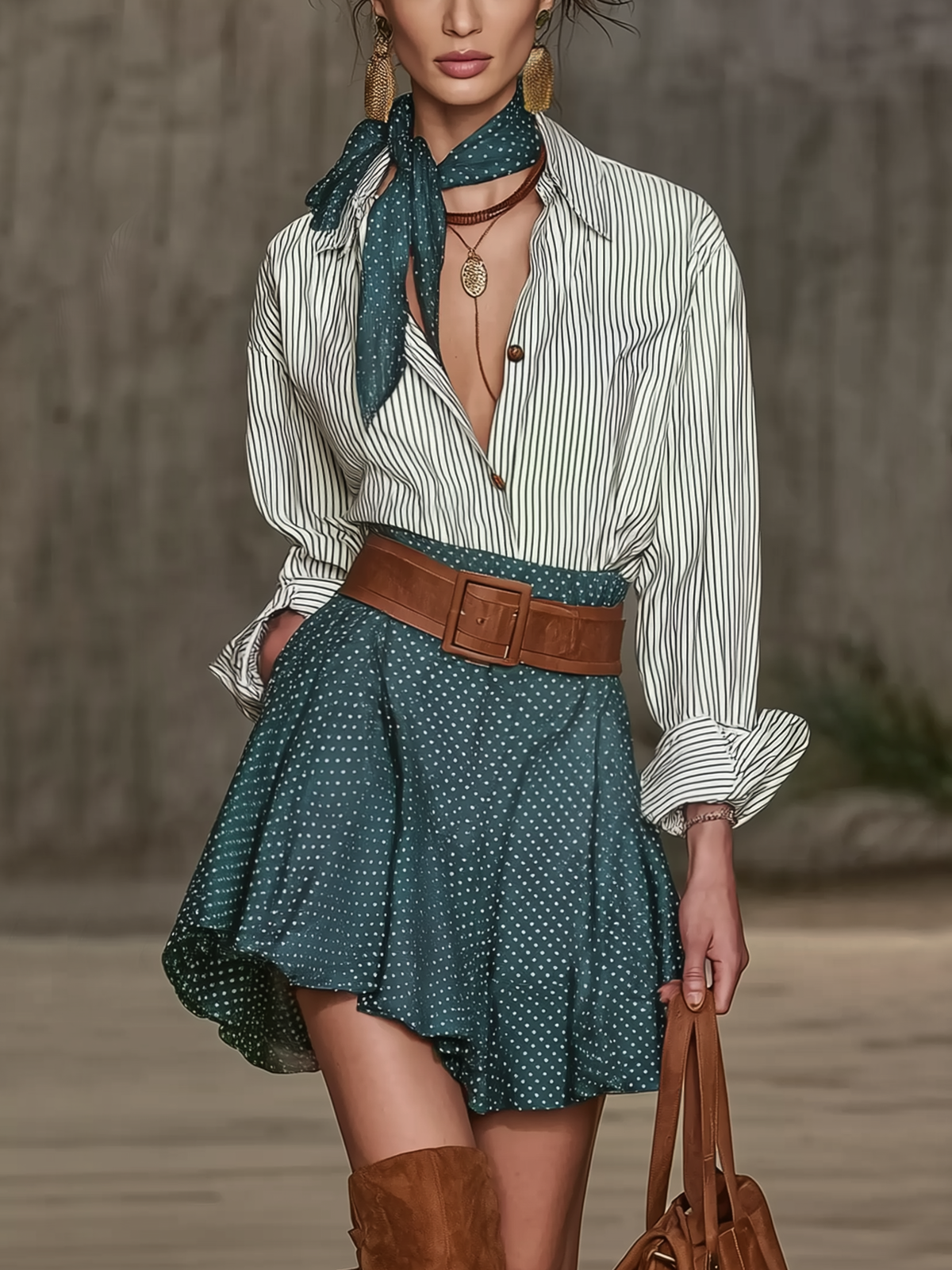 Green Woven Striped And Polka Dot Skirt Set With Belt