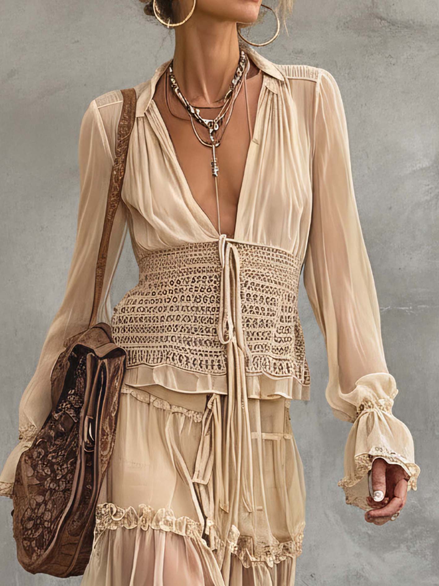 Beige Chiffon Ruffle Boho Long Sleeve Crop Blouse And High Waist Skirt Set
