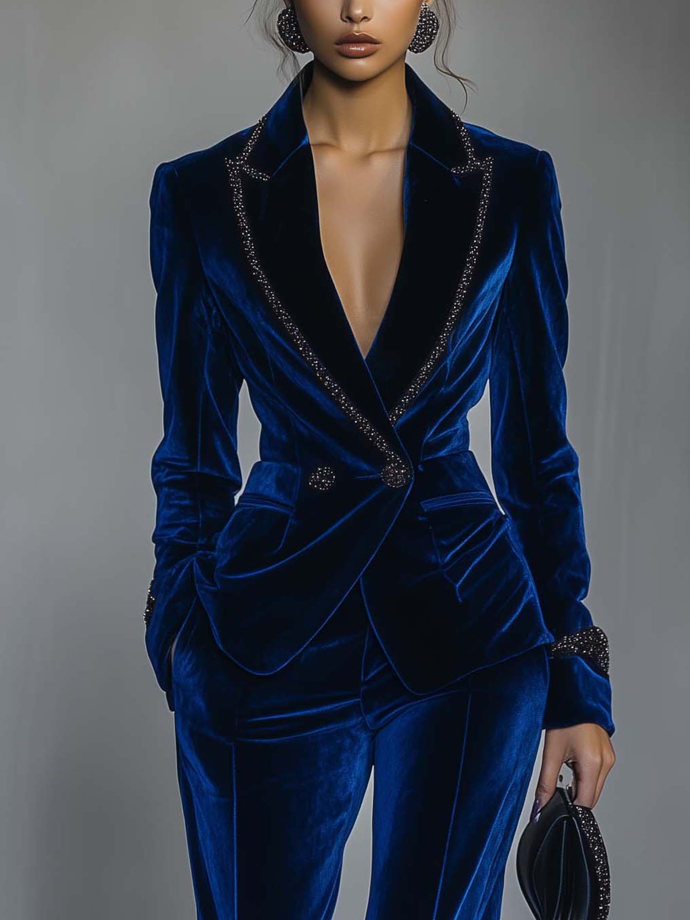 Dark Blue Velvet Blazer With Black Glitter Webbing