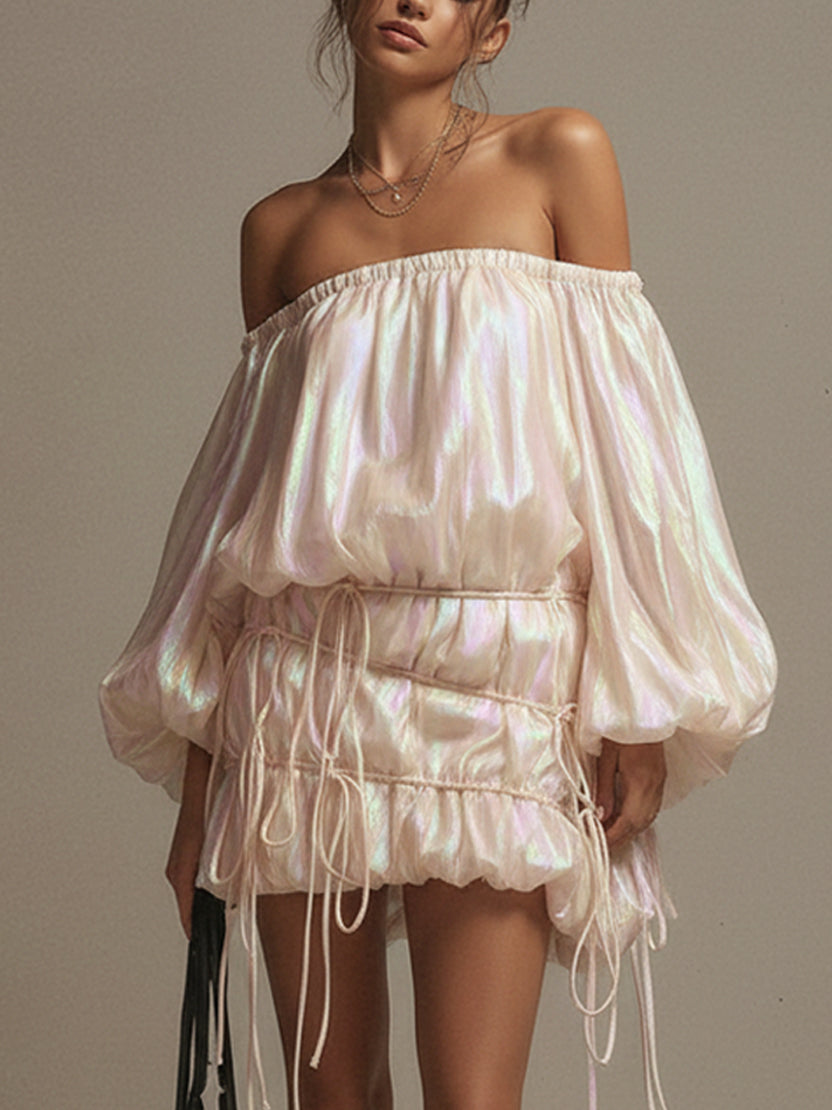 Pale Pink Organza Off Shoulder Mini Dress