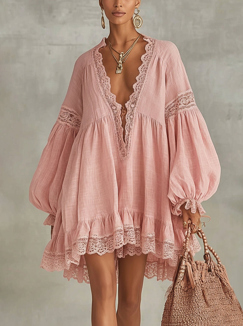 Pink Lace-Trim V-Neck Long Sleeve Linen Mini Dress