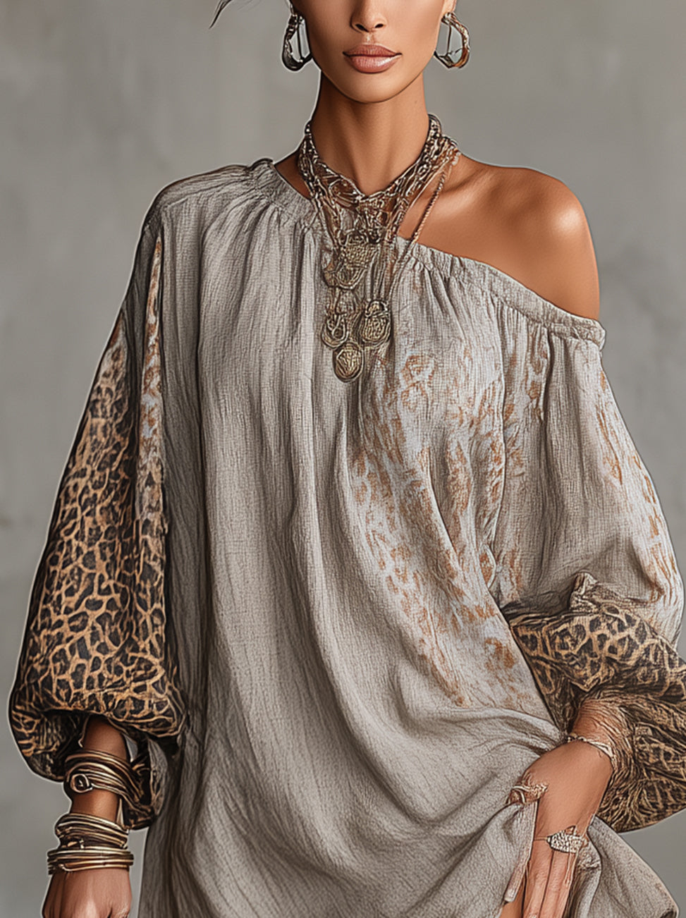 Gray Off-Shoulder Leopard Print Sleeve Linen Mini Dress