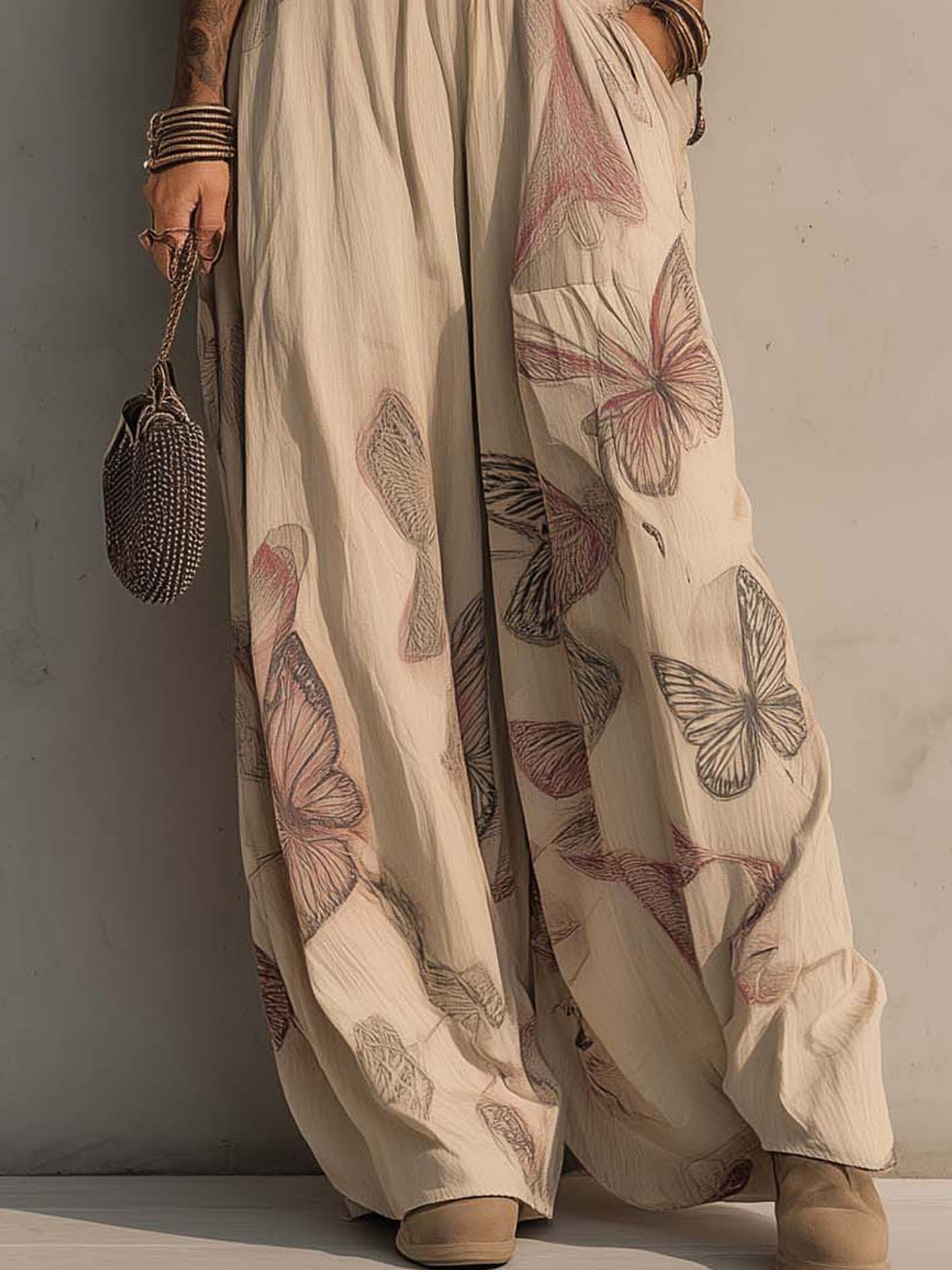 Oatmeal Linen Cotton One Shoulder Butterfly Print Jumpsuit