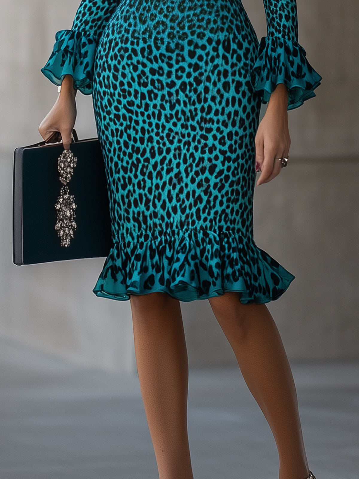 Blue Leopard Print Satin Ruffled V-Neck Long Sleeved Midi Dress