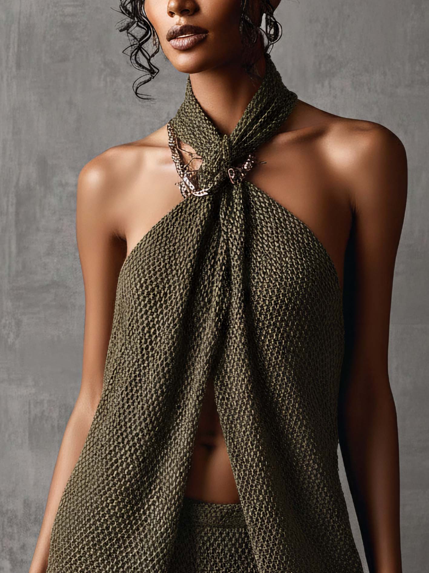 Olive Green Knit Halter Top And Shorts Set