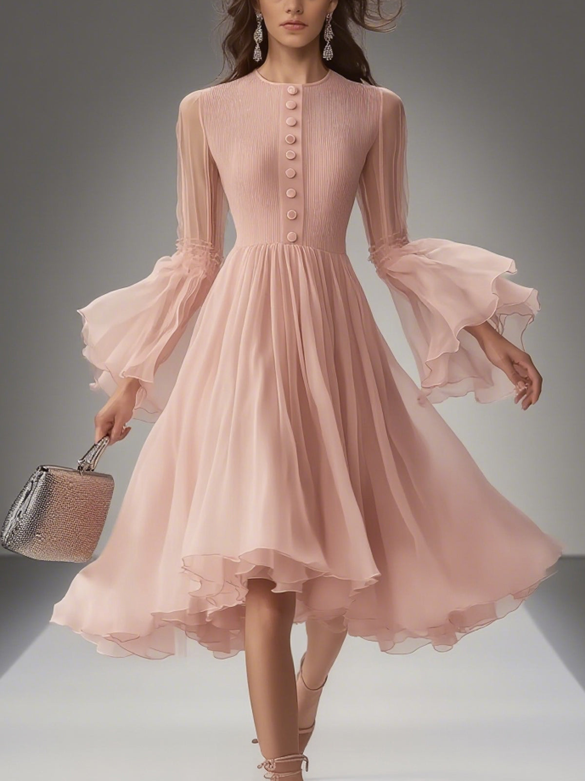 Pink Chiffon Button Front Open Ruffle Cuffs Round Neck Long Sleeve Midi Dress