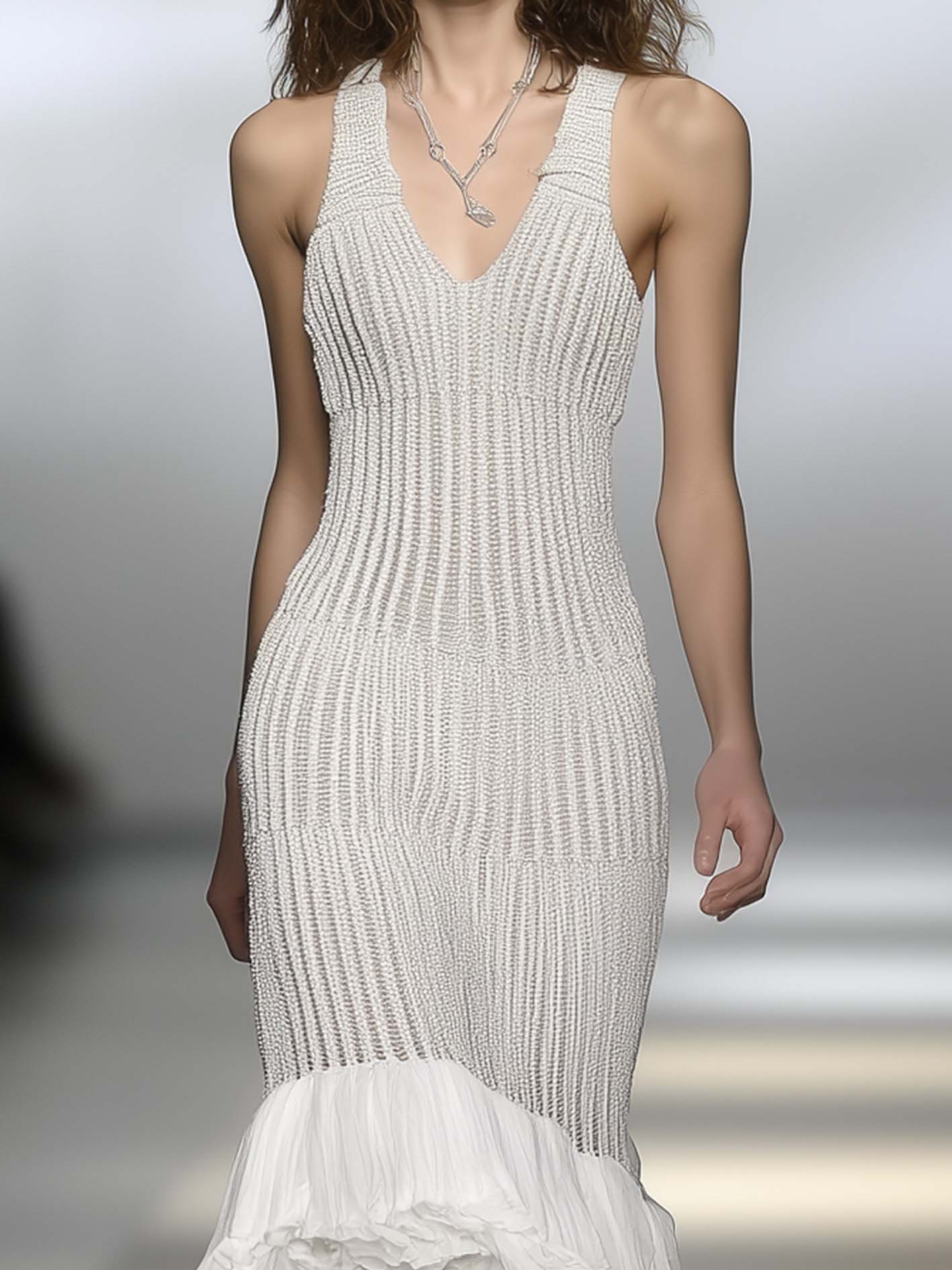 White Knitted Midi Bodycon Dress With Irregular Chiffon Ruffles