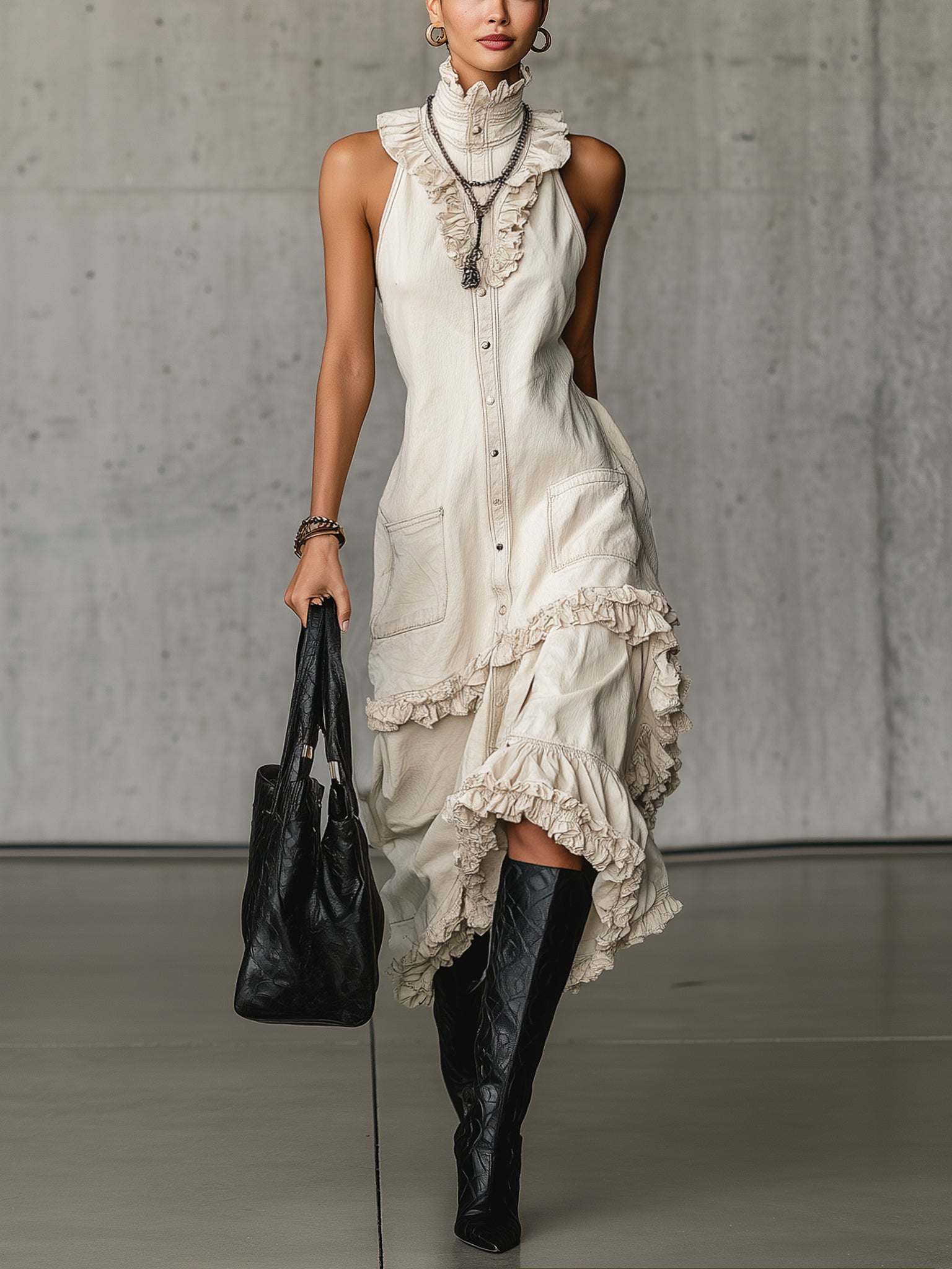 Ivory Washed Cotton Sleeveless High Neck Dress