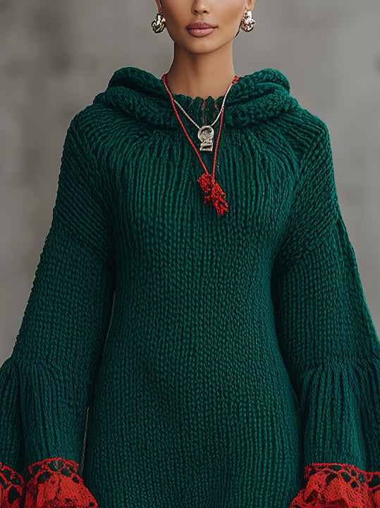 Green Knit Hoodie Mini Dress With Red Lace Bell Sleeves