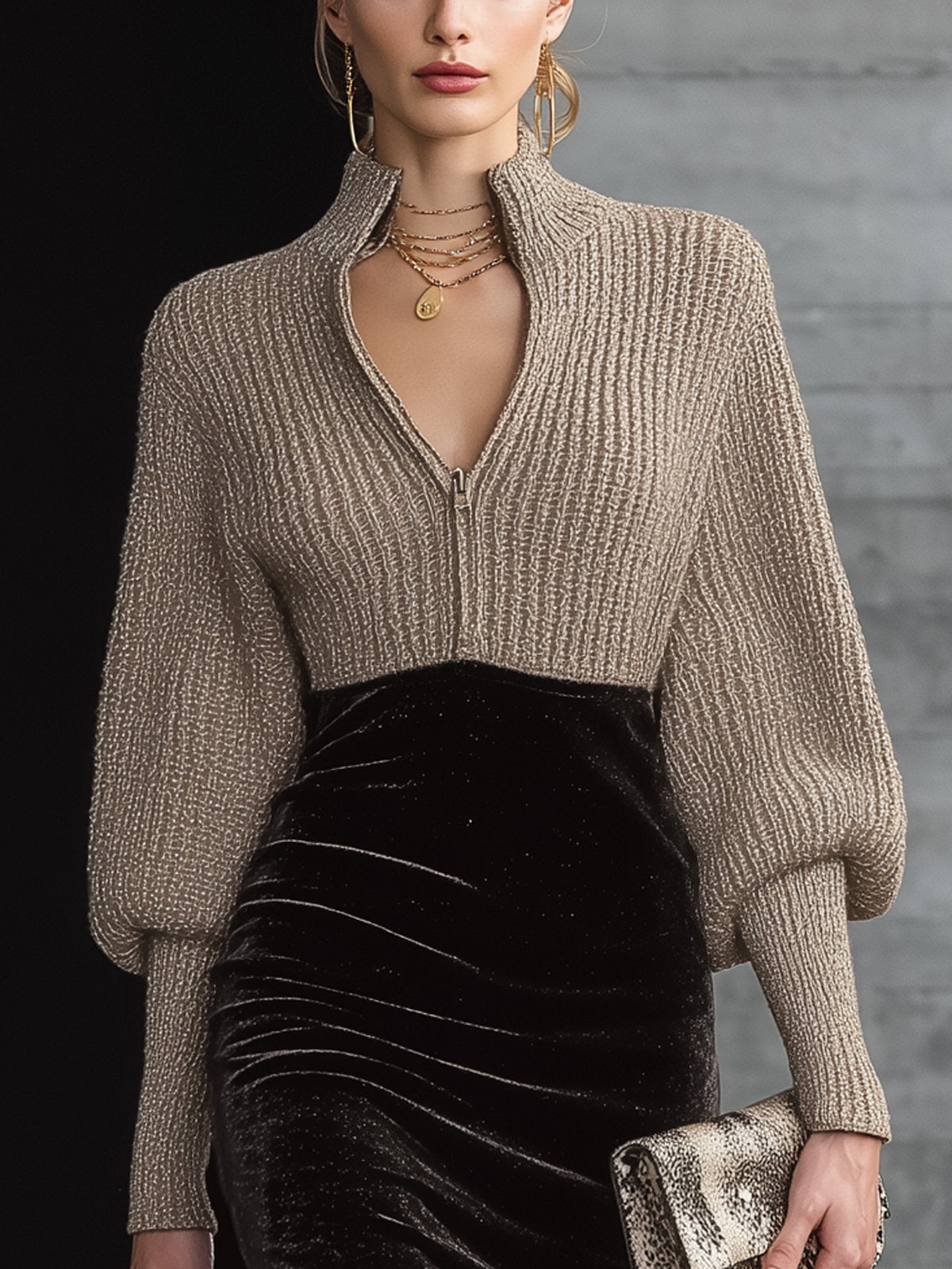 Taupe Knit Velvet Zip Front High Collar Long Sleeve Midi Dress