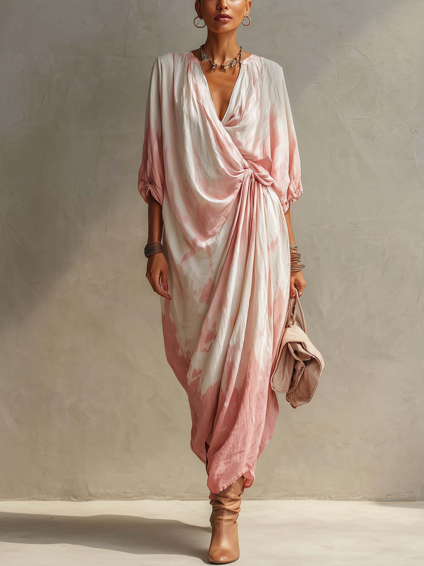 White Cotton-Linen Maxi Dress With Pink Ombre Print