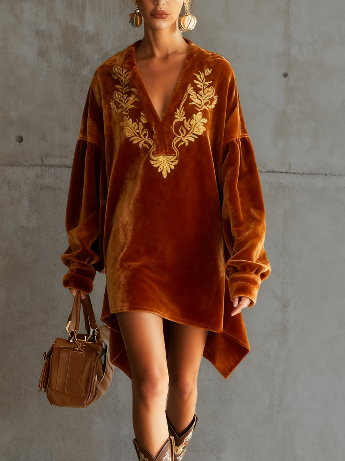 Orange Velvet Tunic Dress With Gold Embroidery