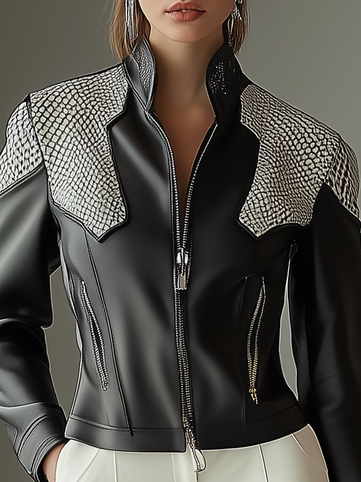 Snakeskin Detail Faux Leather Jacket