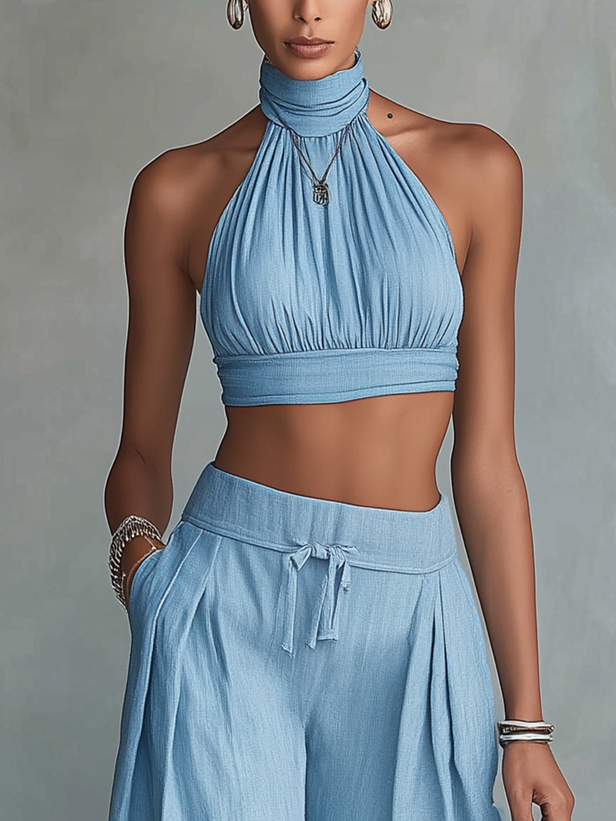 Blue Halter Crop Top And Wide-Leg Pants Set With Lace Hem