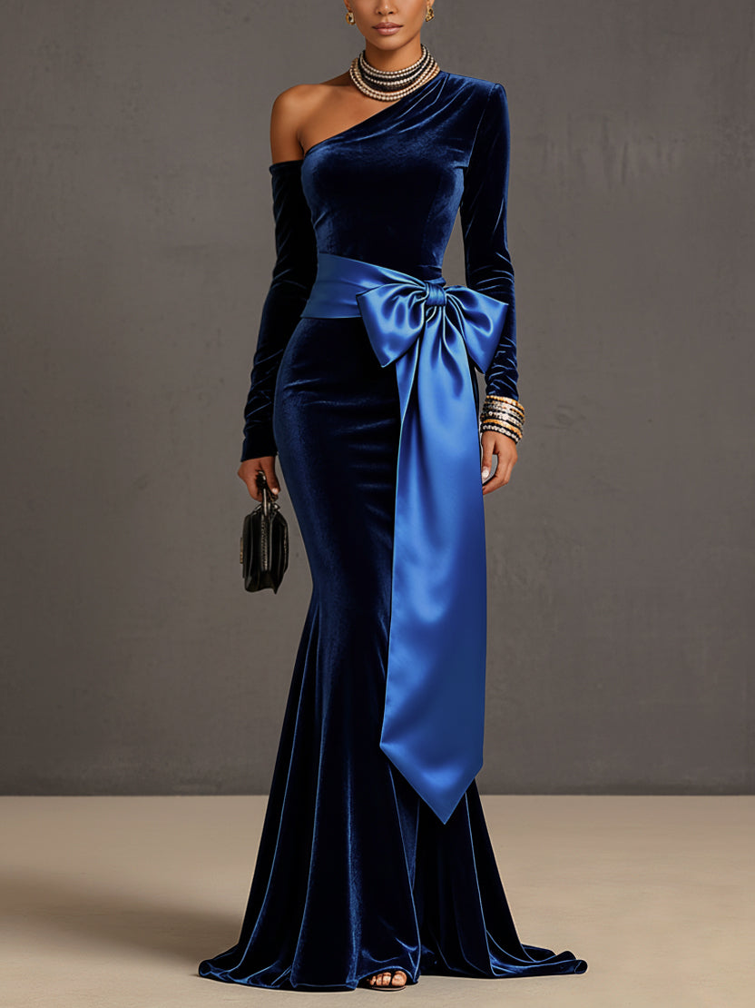 Blue Luxurious Velvet One Shoulder Maxi Dress With A Satin Bow