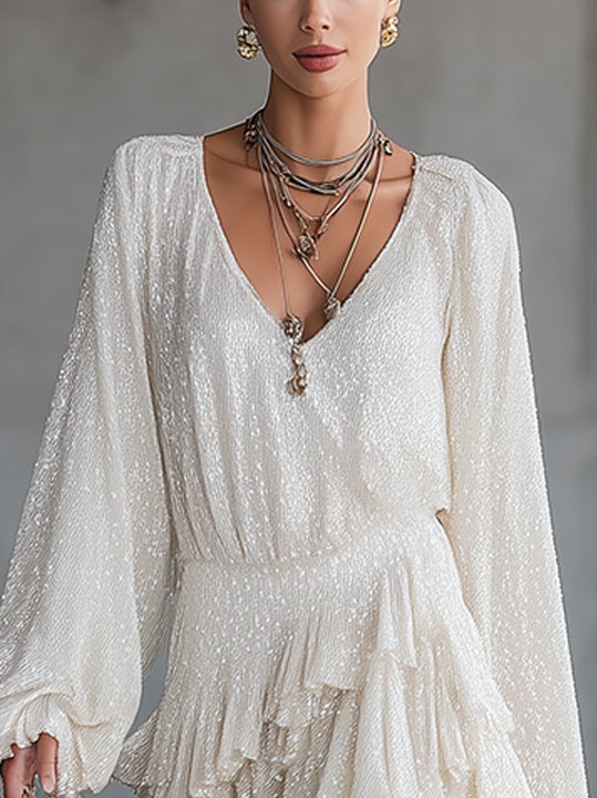 Shimmering Ruffled Mini Dress With V-Neckline And Long Lantern Sleeves In Ivory