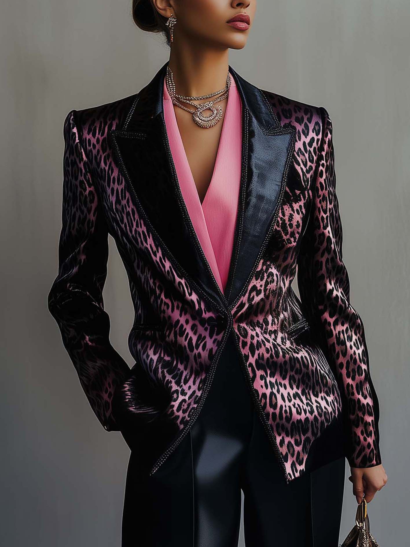 Pink Satin Blazer With Black Leopard Print And Web Trim