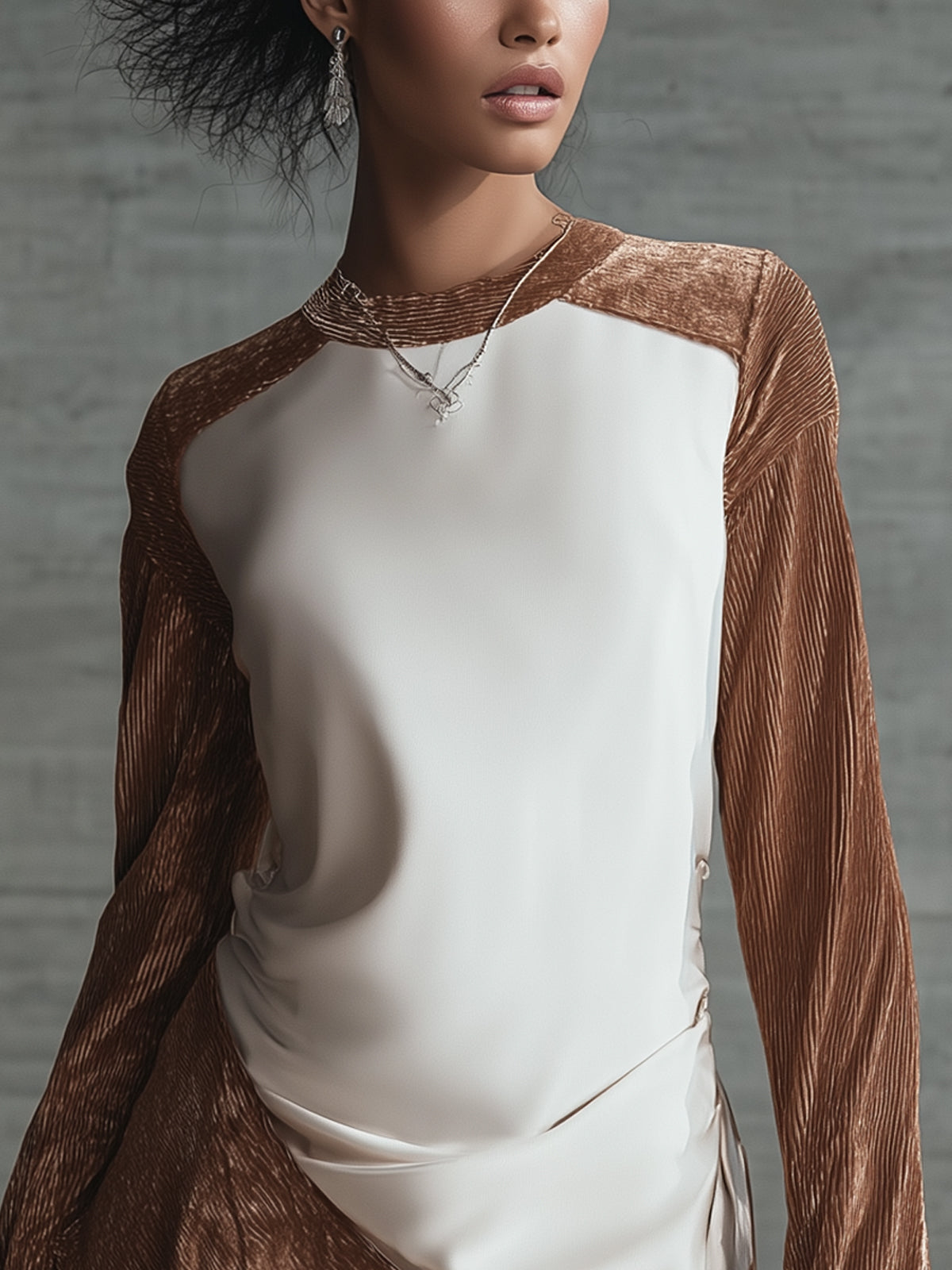 Brown Velvet And Ivory Satin Patchwork Mini Dress With Flared Sleeves