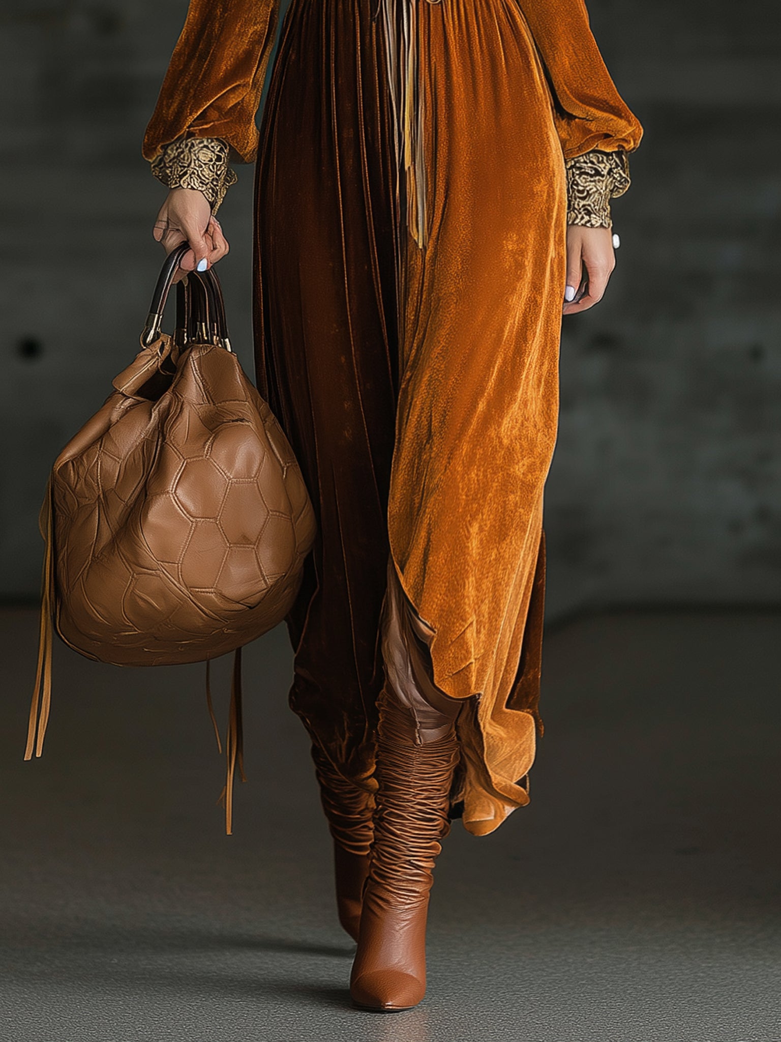 Burnt Orange Vintage Velvet Deep V-Neck Maxi Dress