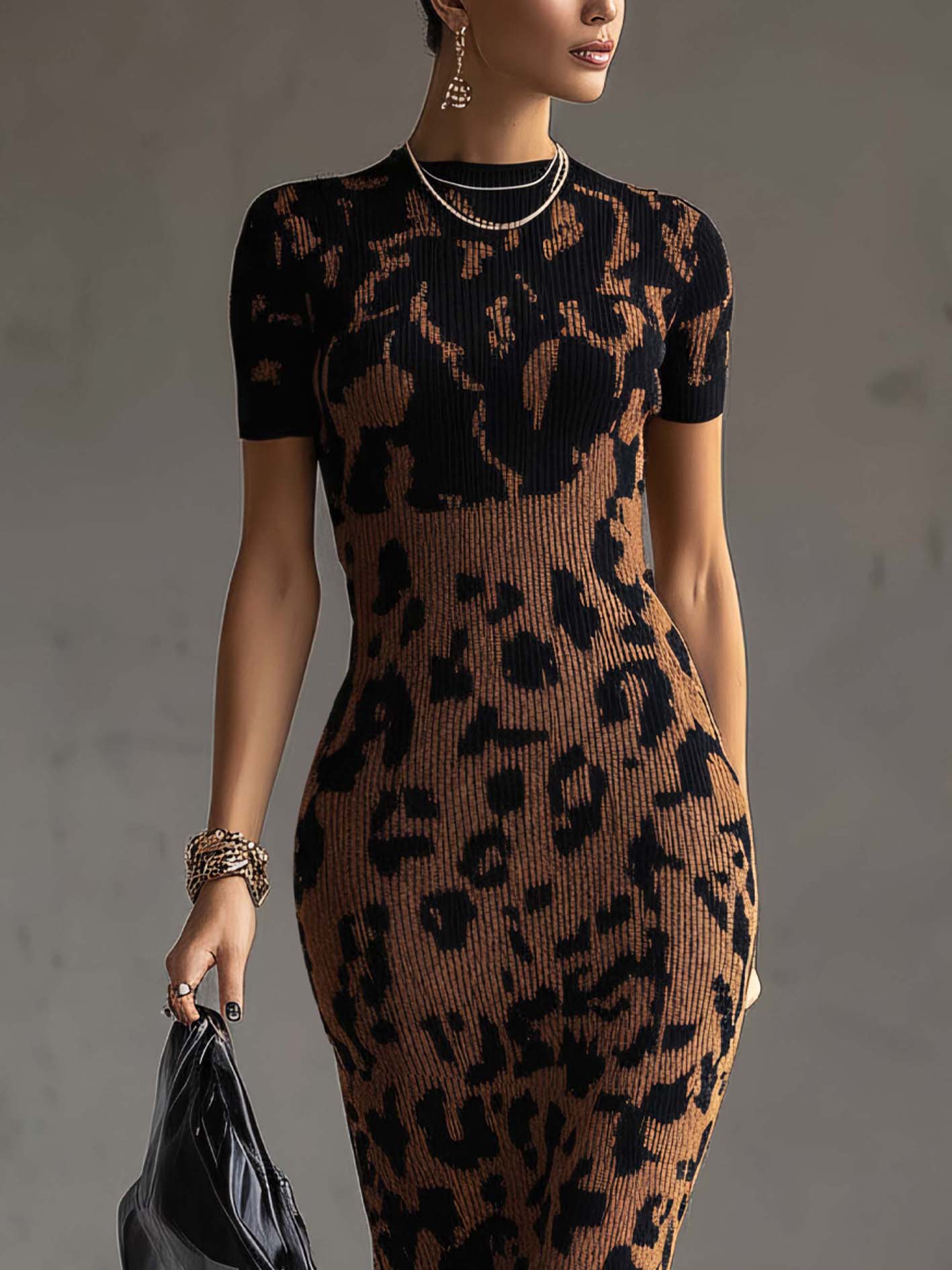 Brown Leopard Print Patchwork Fringe Knit Bodycon Midi Dress