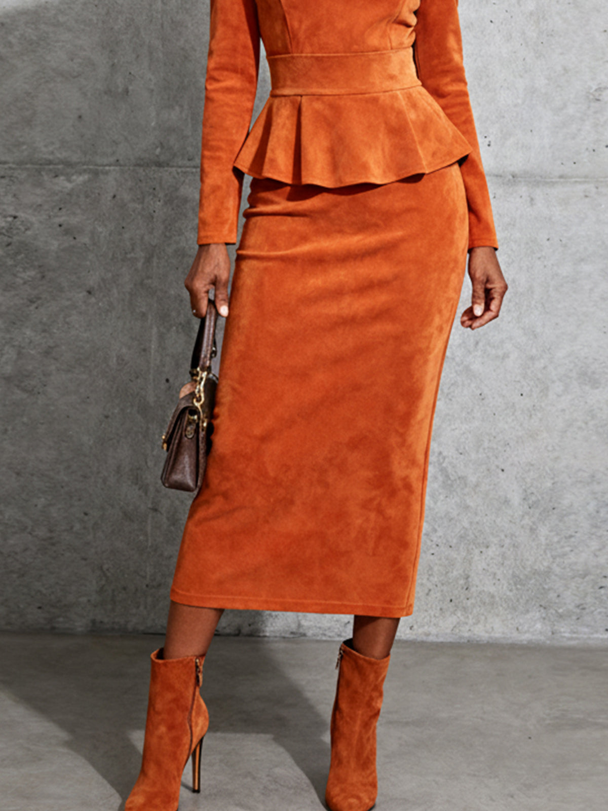 Orange Suede Peplum Midi Bodycon Dress