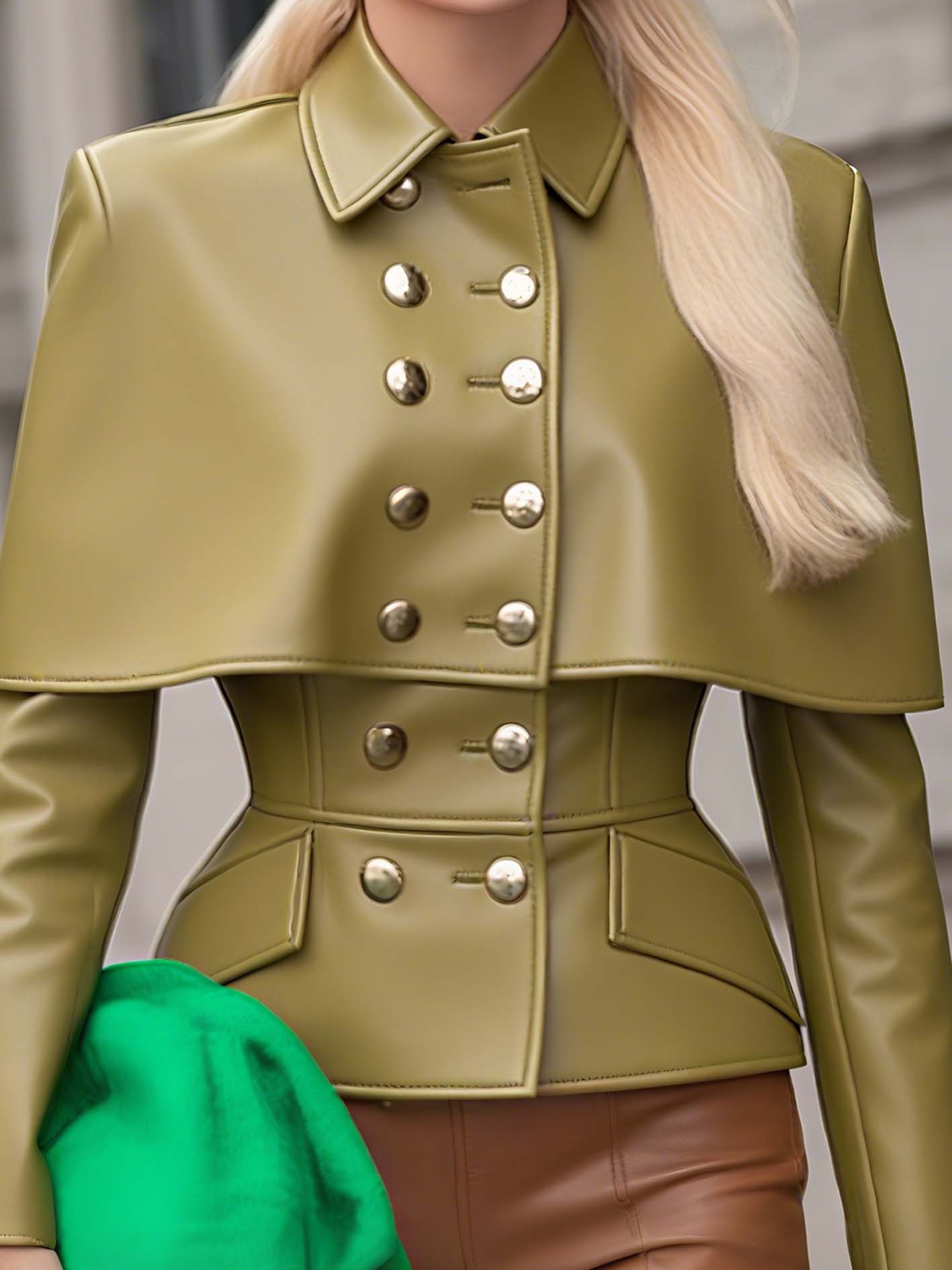 Yellow Green Faux Leather Jacket With Cape Design