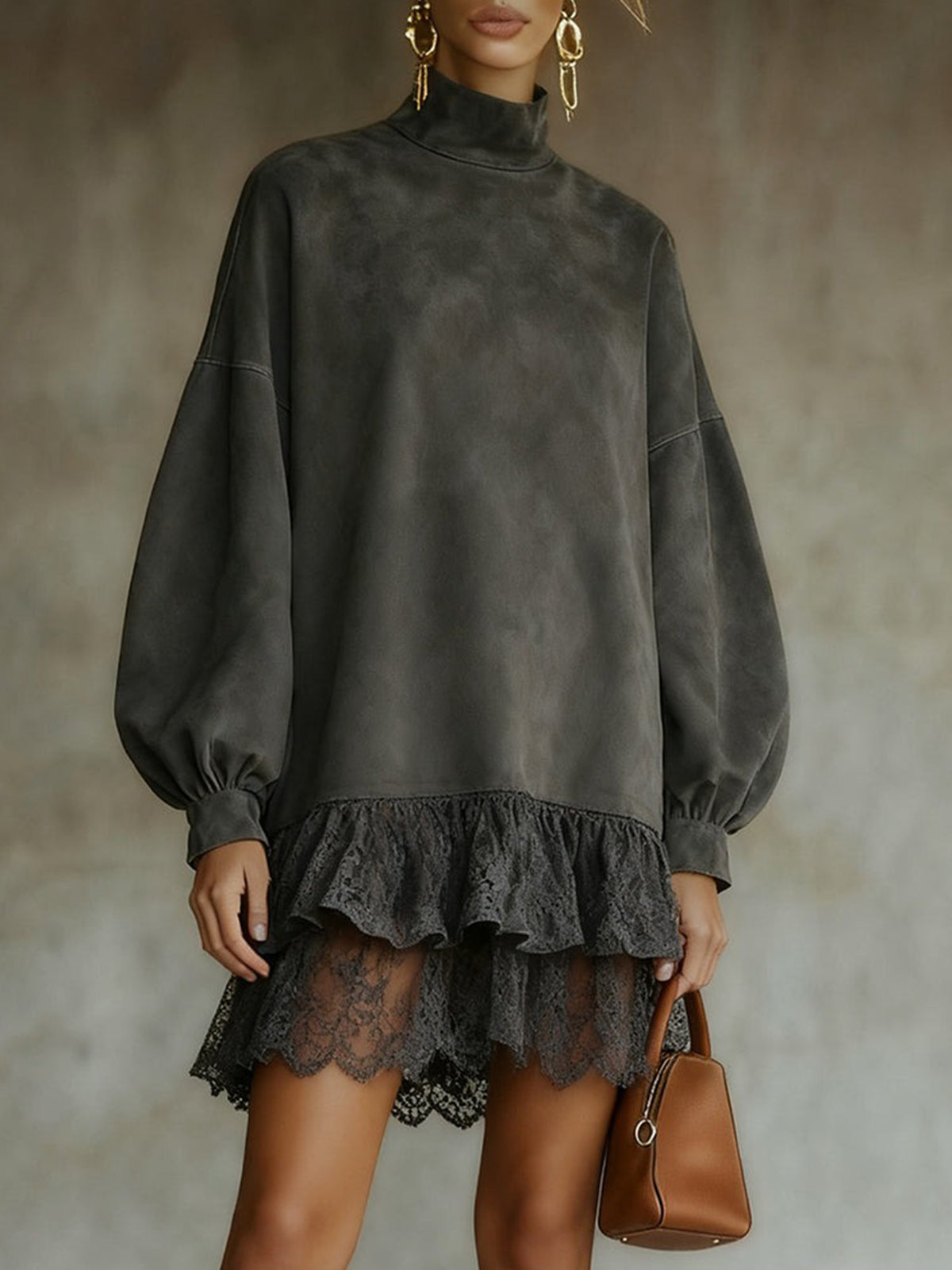 Gray Turtleneck Square Faux Suede Casual Dress With Lace Hem