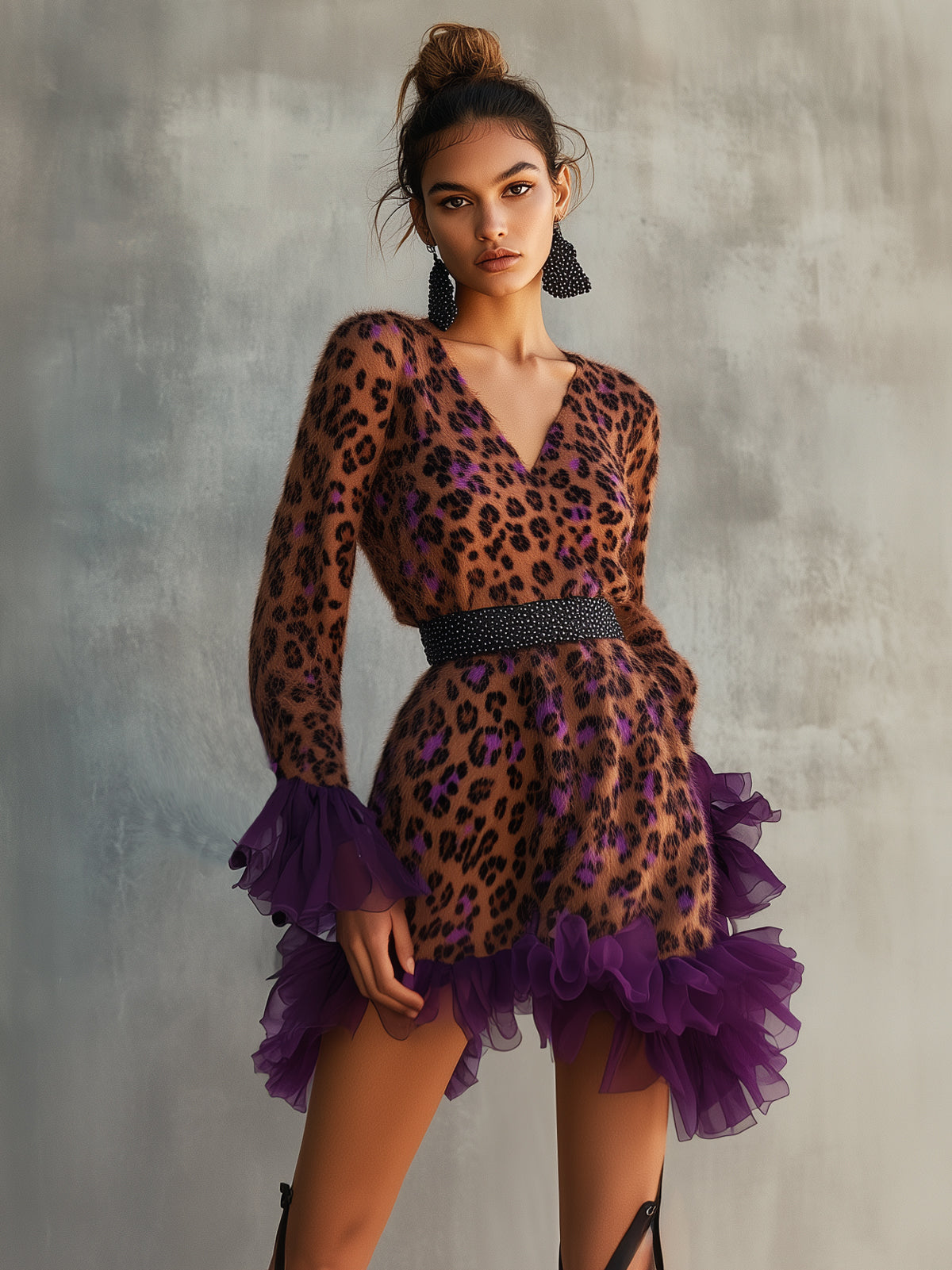 Brown Leopard Print V-Neck Waisted Long Sleeved Mini Dress