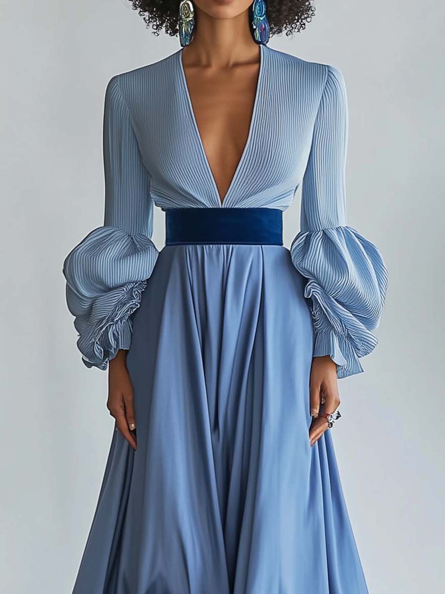 Blue Patchwork Maxi Dress With Balloon Sleeves