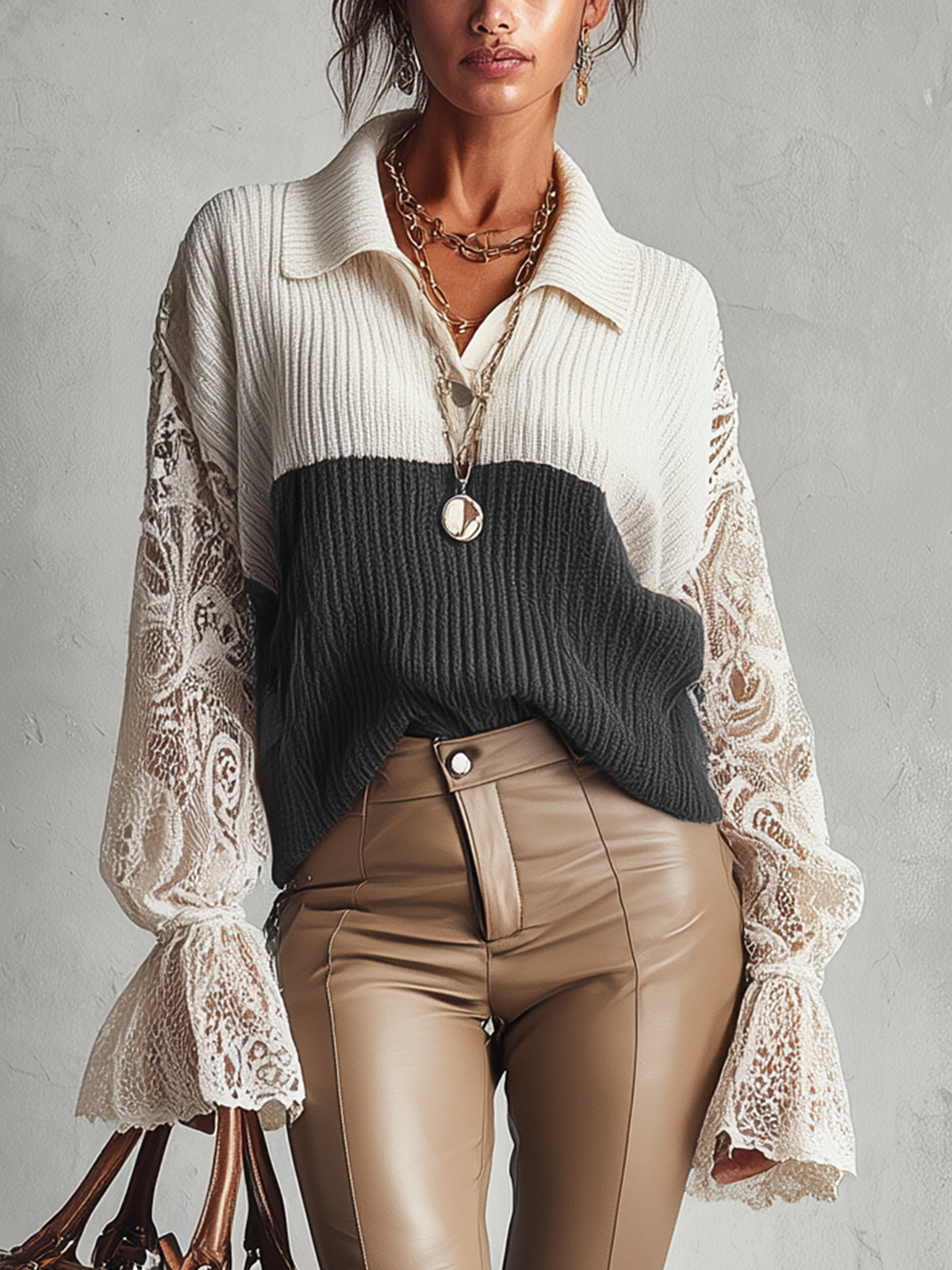 White And Black Knit Sweater With Lace Balloon Sleeves